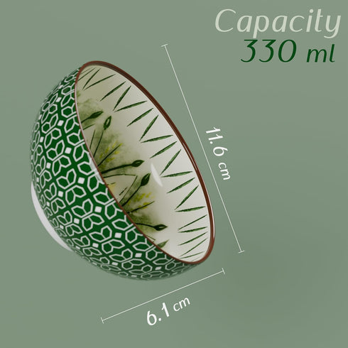 Green Flower Printed Bowl Set of 4, 330 ML